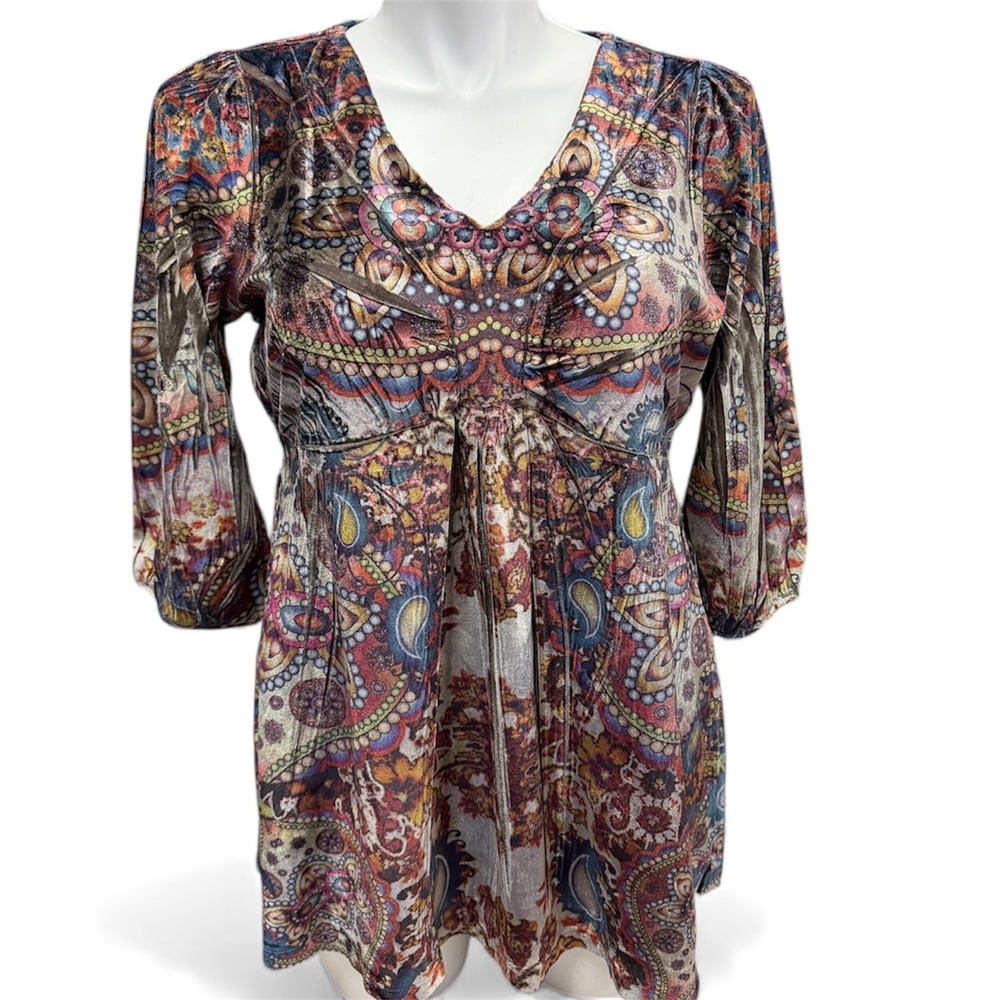 One‎ World 1X Paisley Print Velvet Velour V Neck 3/4 Sleeve